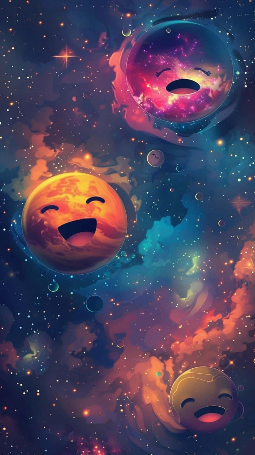  壁紙 — 快樂的卡通行星帶著笑臉漂浮在充滿活力的宇宙星雲和閃爍的星星之間。