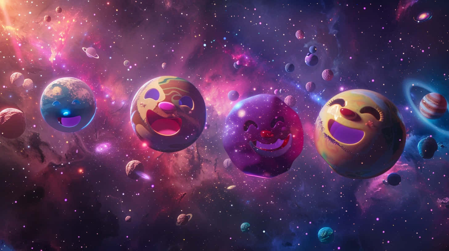  壁紙 — 帶有笑臉的快樂卡通行星漂浮在充滿星星和遙遠世界的充滿活力的宇宙星雲中。