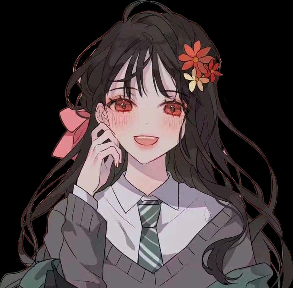 動畫女孩花卉髮飾微笑.JPG 壁紙