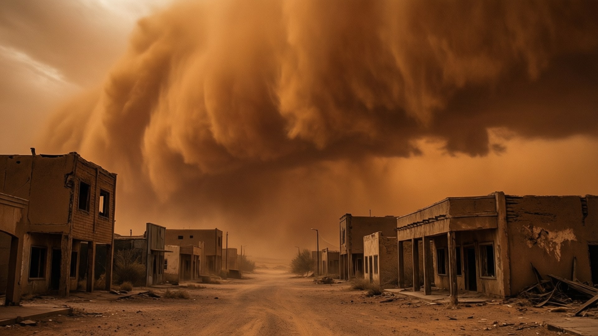 Approaching Dust Storm 壁紙 — 一場巨大的橙色沙塵暴吞沒了一條荒涼的街道，街道兩旁是搖搖欲墜的建築物，天空灰濛濛。