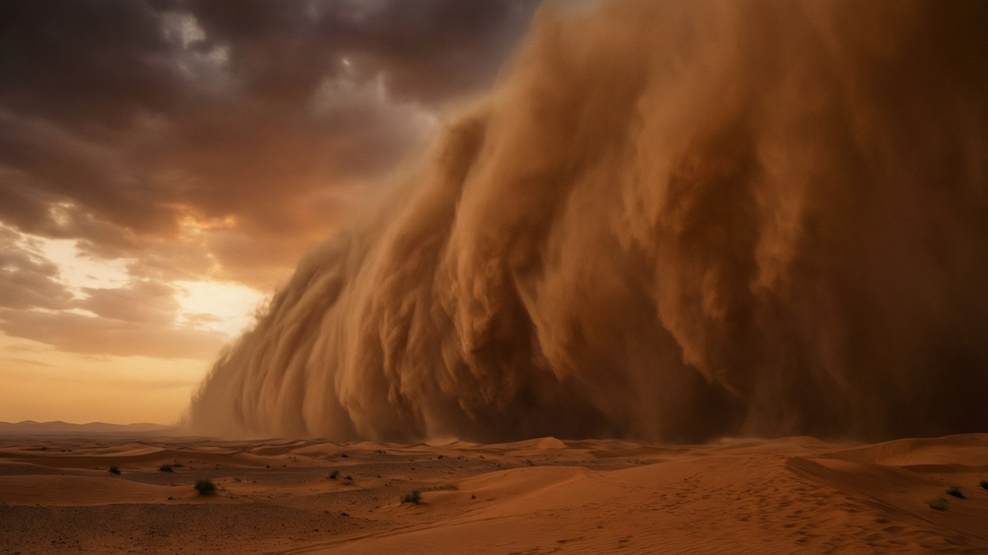 Approaching Sandstorm 壁紙 — 一場巨大的橙色沙塵暴在戲劇性的日落天空下席捲沙漠景觀。