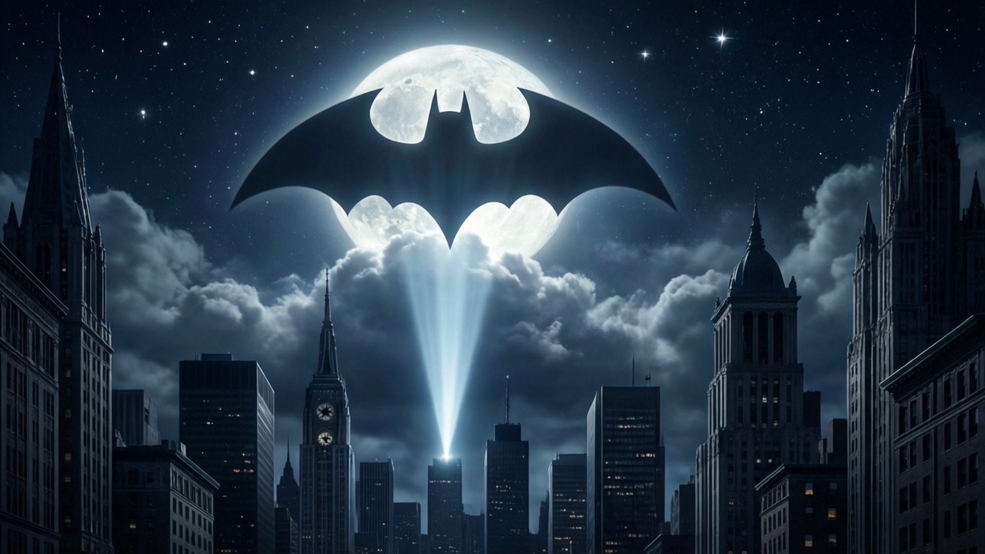 Bat-Signal Over Gotham 壁紙 — 一個巨大的蝙蝠標誌從滿月中浮現，位於城市天際線之上，光束穿過雲層。