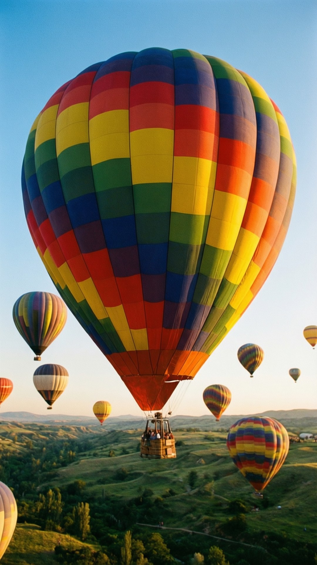 Balloon Festival Friday 壁紙 — 一個巨大的彩虹熱氣球漂浮在起伏的綠色山丘上，較小的氣球在清澈的藍天中飄蕩。