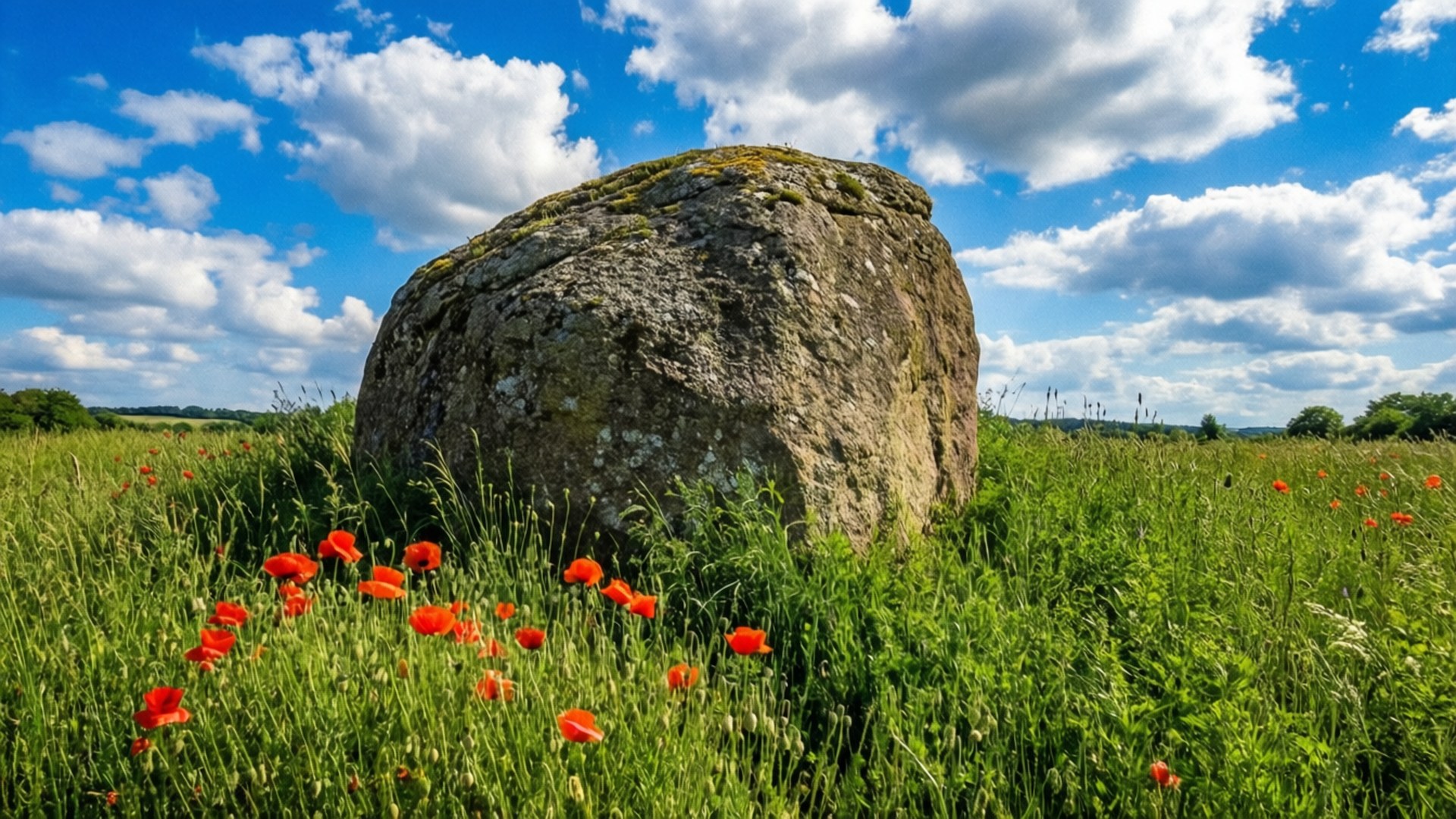 Meadow Monolith with Poppies 壁紙 — 一塊巨大的長滿苔蘚的巨石矗立在陽光明媚的草地上，草地上點綴著鮮紅色的罌粟花，明亮的藍天上有蓬鬆的白雲。