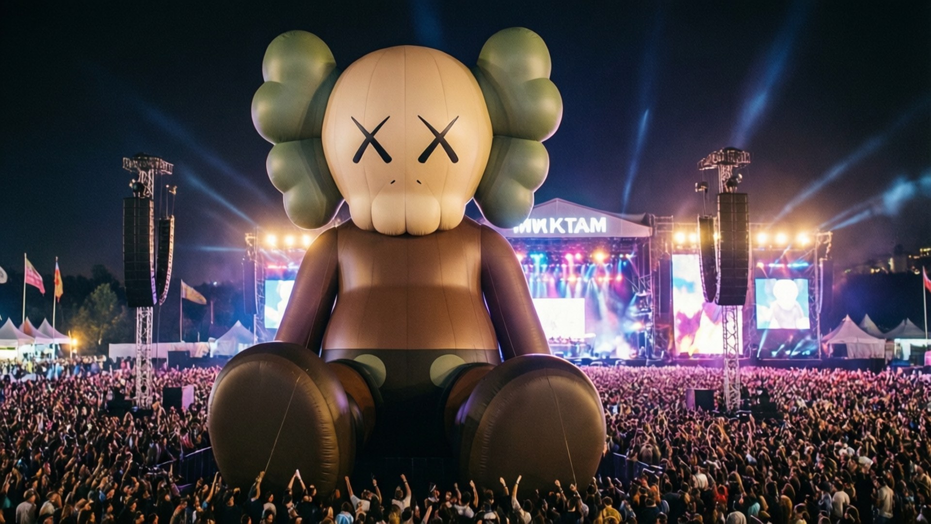 Festival Inflatable 壁紙 — 一個巨大的充氣KAWS角色坐在夜間音樂節的舞台中央，下方有粉絲群眾歡呼。