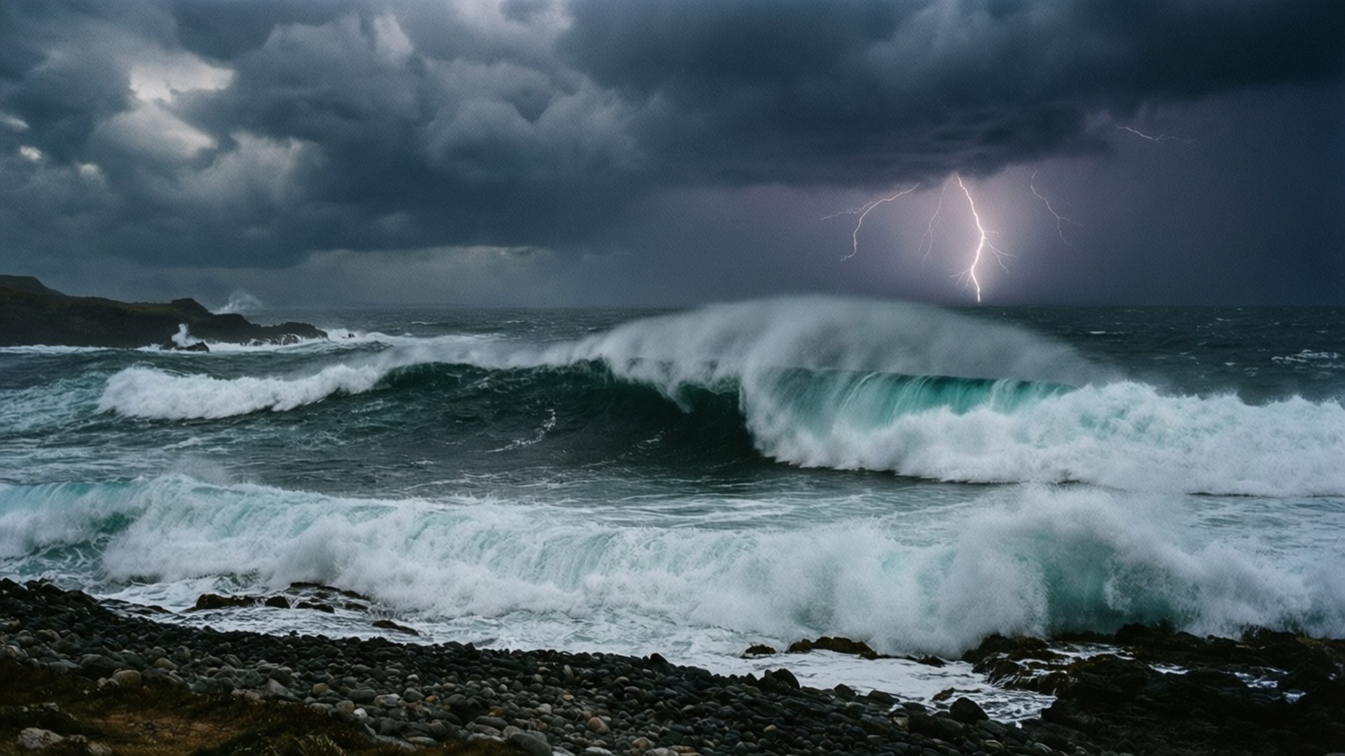 Pacific Ocean 桌布 壁紙 — 巨大的海浪衝擊岩石海岸，閃電劃破暴風雨的天空。