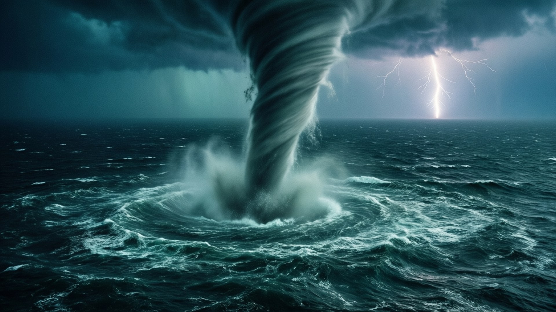 Oceanic Spout 壁紙 — 巨大的海洋龍捲風在雷電交加的暴風雨天空下，猛烈旋轉穿過翻騰的深青色海水。