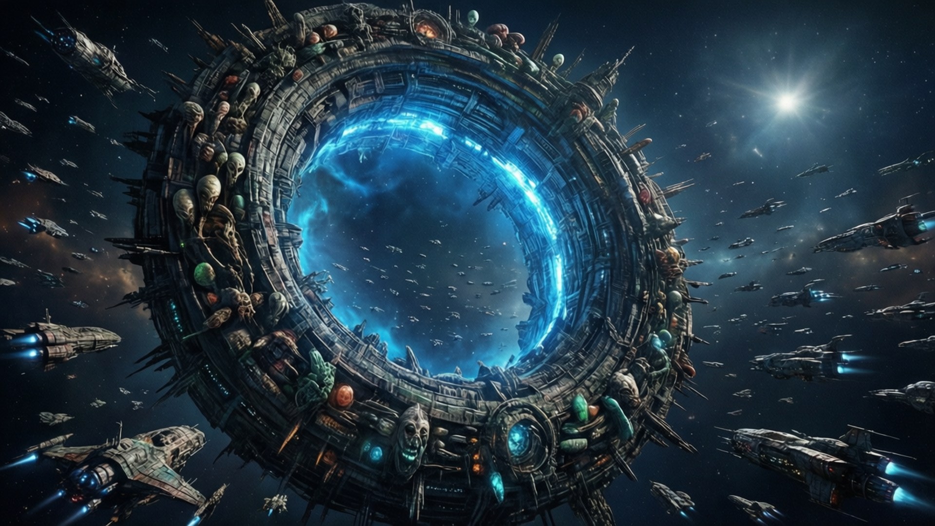 The Ring Gate 壁紙 — 一個巨大的環形太空站，核心發出藍色光芒，被無數太空船包圍在滿是星空的虛空中。
