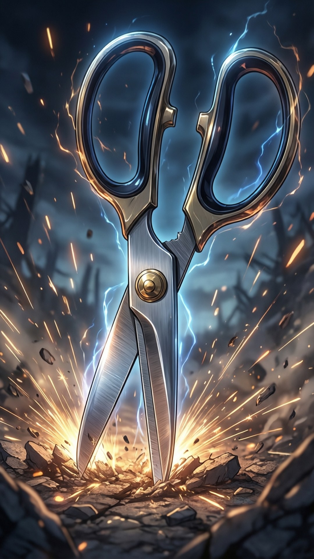 Scissors Strike Down 壁紙 — 巨大的金屬剪刀穿過裂開的地面，周圍爆發出電藍色閃電和熾熱的火花。