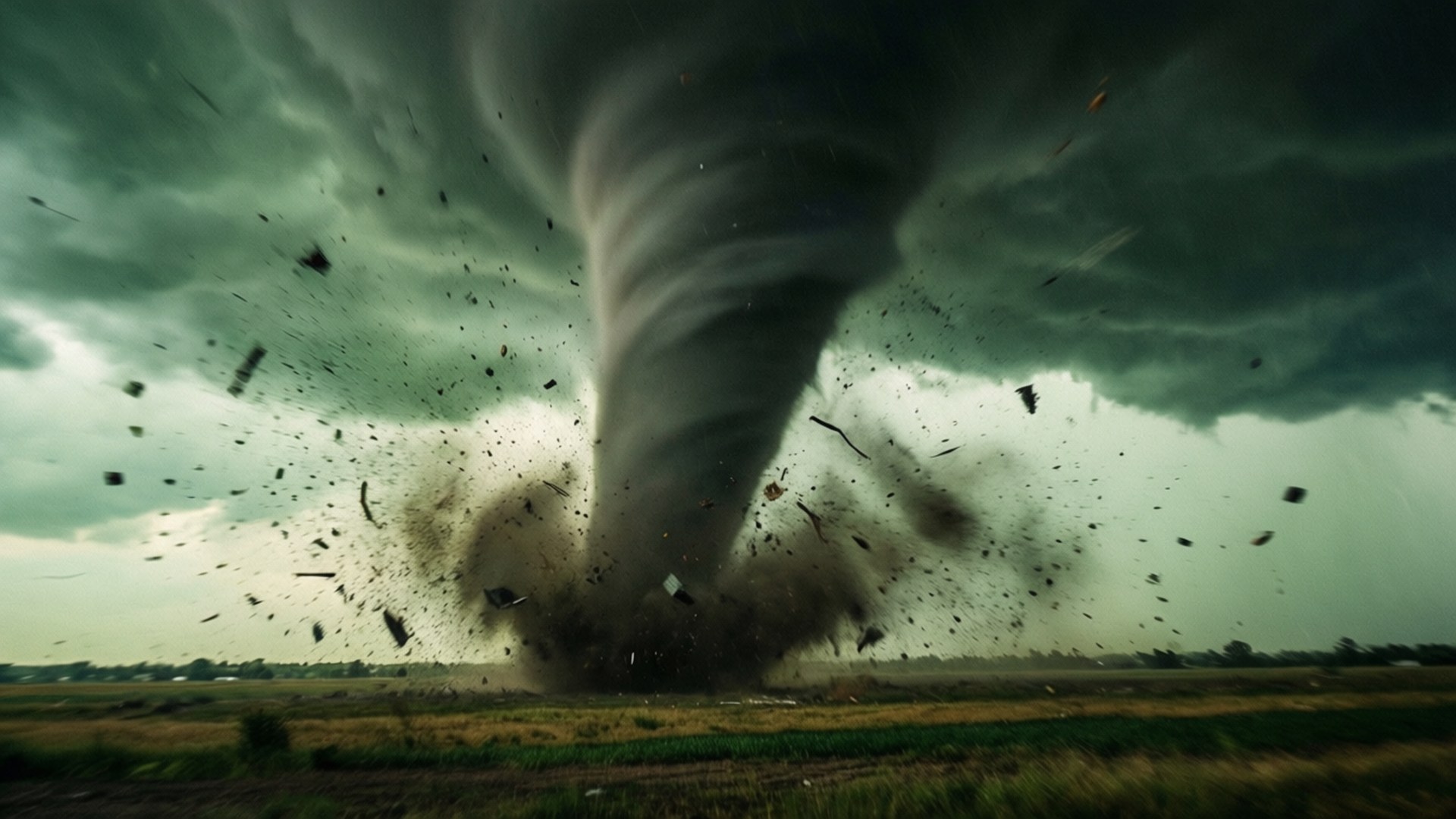 Tornado Landspout 壁紙 — 巨大的龍捲風橫掃田野，在暴風雨的綠色和灰色天空下將碎片拋向天空。