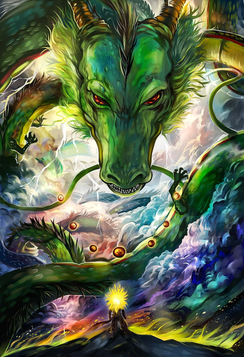 壁紙 — 一隻巨大的綠色龍，眼睛發出紅光，俯視著一個在風暴般多彩天空下手持明亮球體的小小身影。