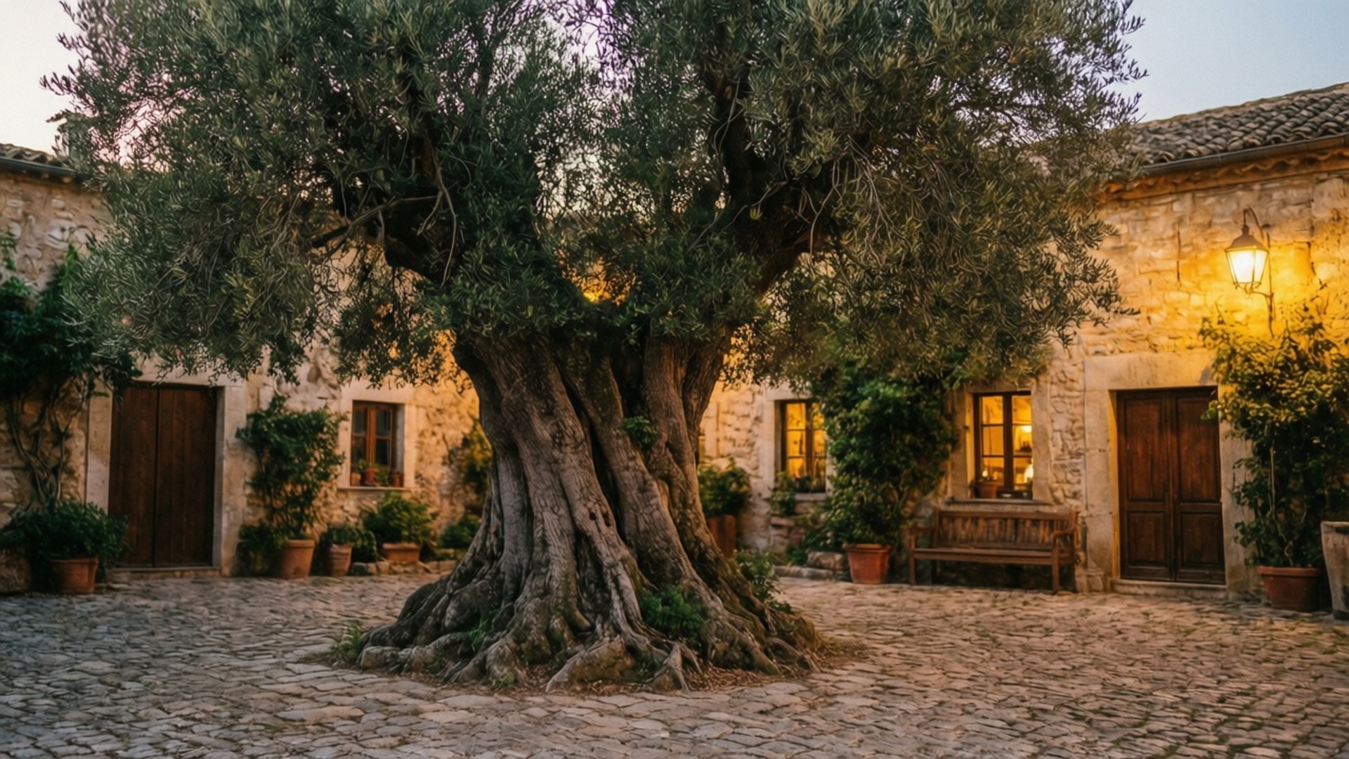 Courtyard Olive Evening 壁紙 — 一棵巨大的古老橄欖樹，樹根盤根錯節，主宰著一個鵝卵石庭院，兩旁是石頭建築，窗戶透出溫暖的光芒。