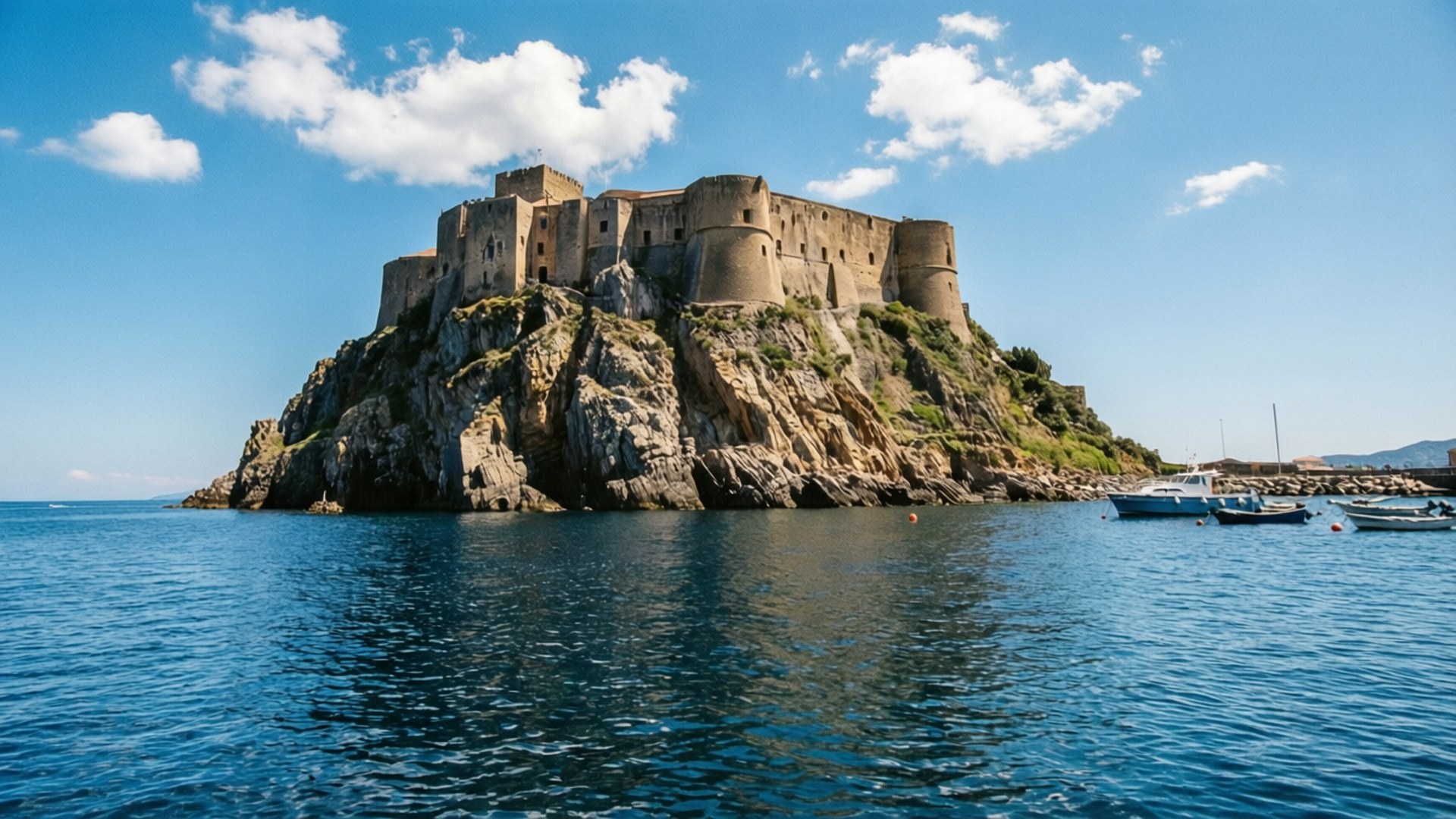 Castel dell'Ovo Seascape 壁紙 — 一座巨大的古老石堡戲劇性地棲息在崎嶇的懸崖上，俯瞰深藍色的大海，天空明亮，雲朵散佈。