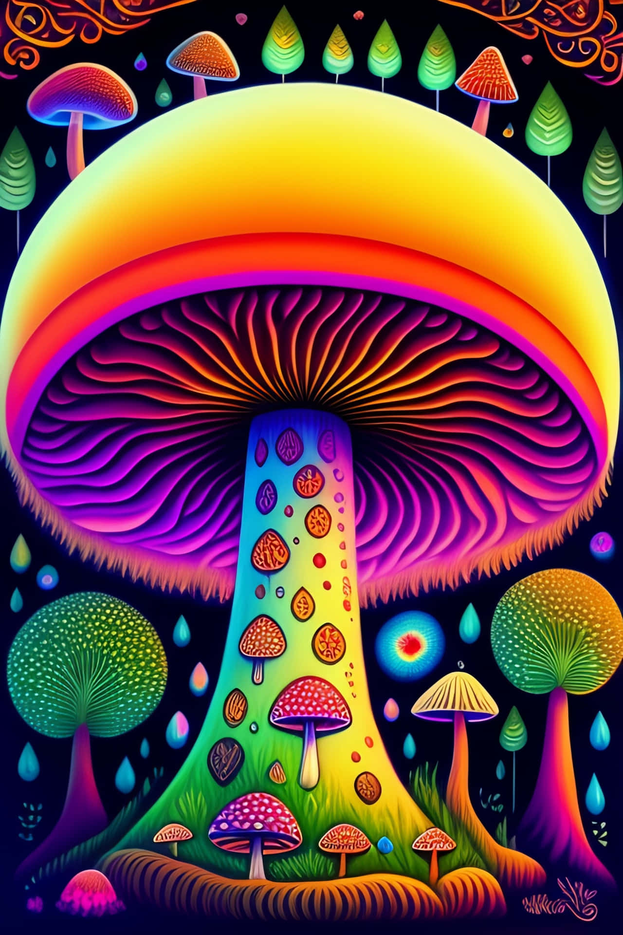  壁紙 — 一朵巨大的迷幻蘑菇，帶有彩虹色調，在黑暗的天空下主宰著一片超現實的森林，其中有發光的樹木和雨滴。