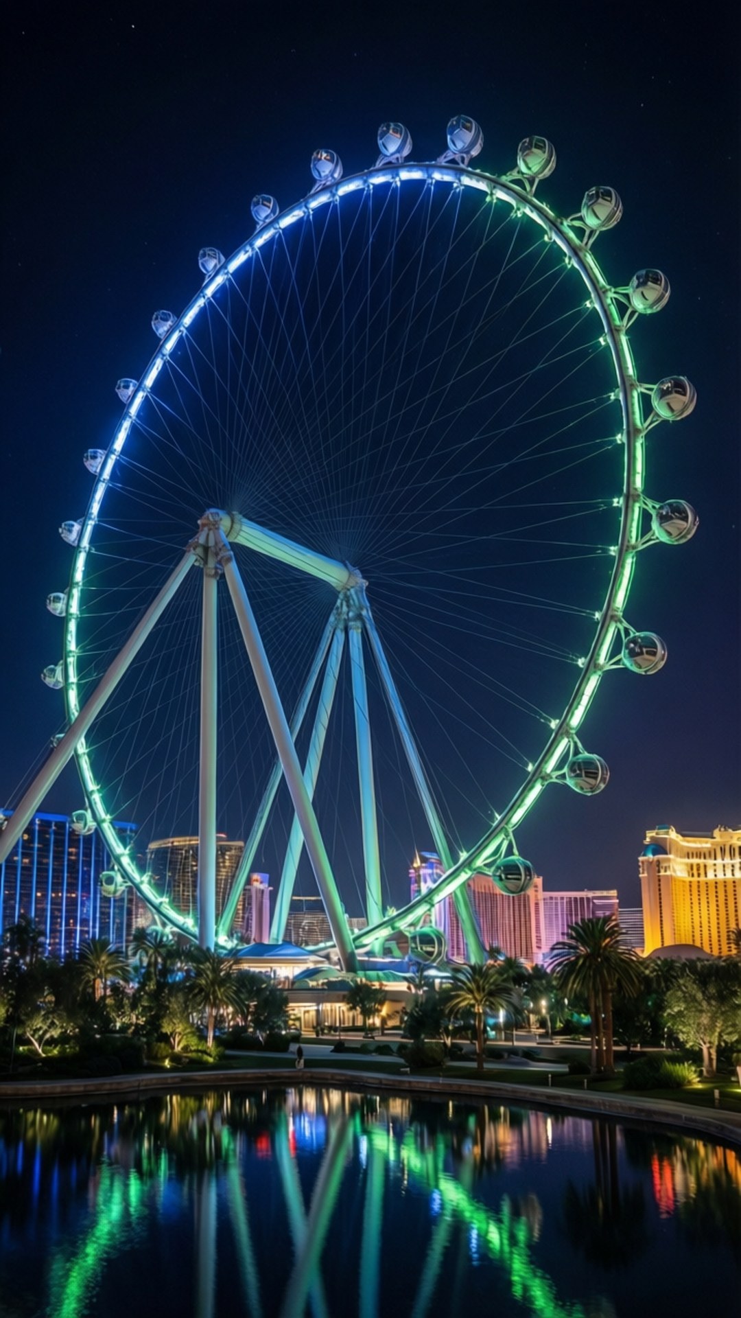 High Roller Night Glow 壁紙 — 一個巨大的摩天輪在黑暗的天空中發出藍色和綠色的光芒，其倒影在平靜的水面上閃爍。