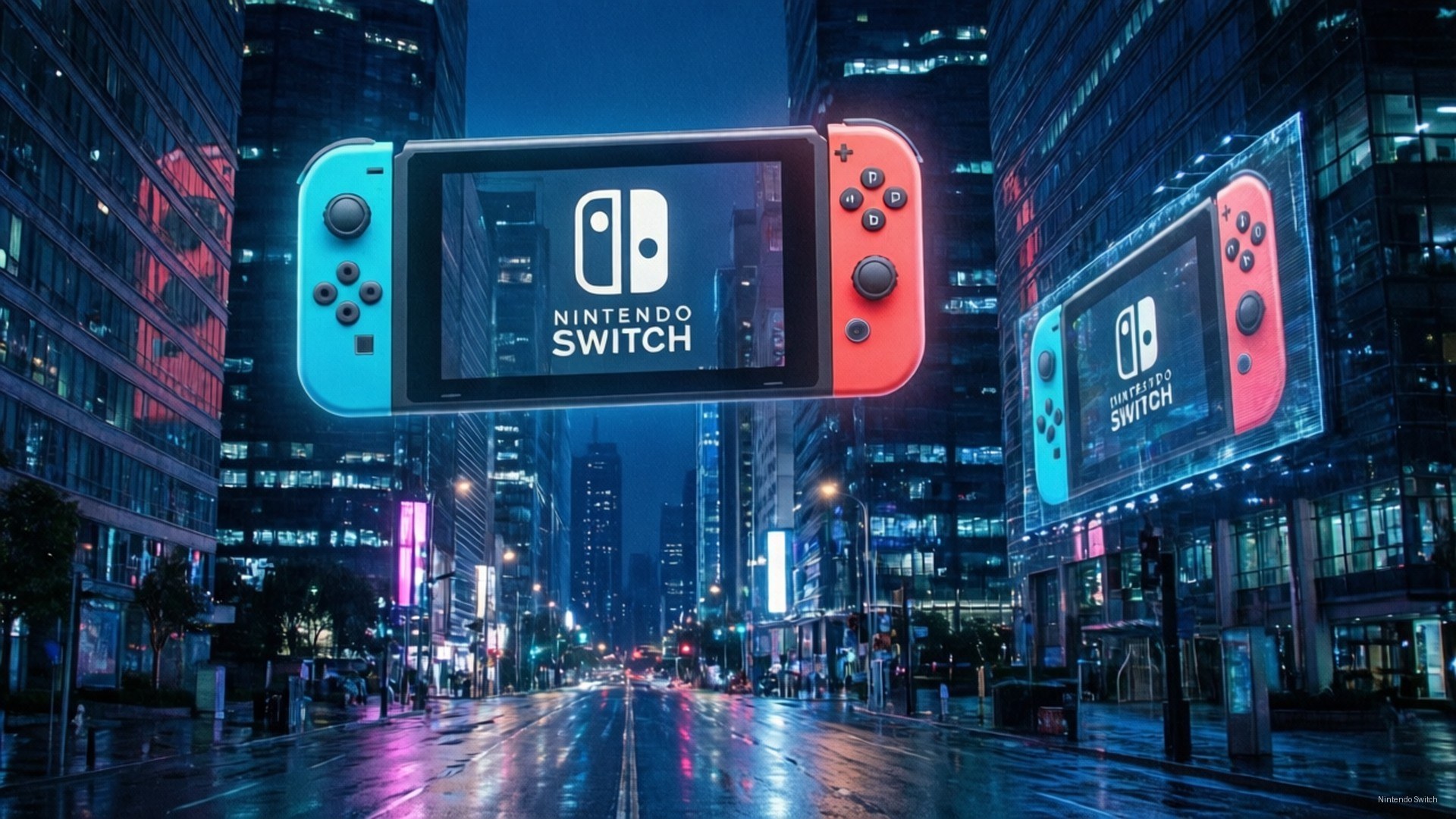Cyberpunk Switch City 壁紙 — 一個巨大的 Nintendo Switch 漂浮在霓虹燈照亮、雨濕的城市街道上，夜晚有發光的廣告牌。