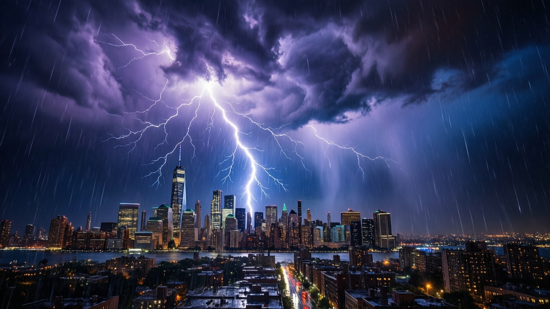 City Lightning Strike 壁紙 — 一道巨大的閃電劃過雨濕的城市天際線，照亮了高聳的摩天大樓和下方閃爍的街道。