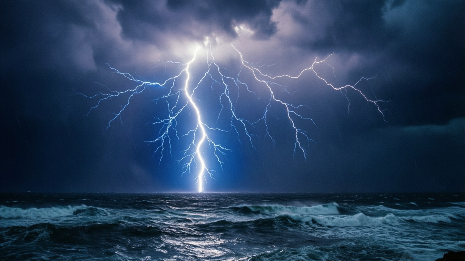 Stormy Sea Lightning 壁紙 — 一道巨大的閃電擊中海面，天空烏雲密佈，暴風雨之夜。