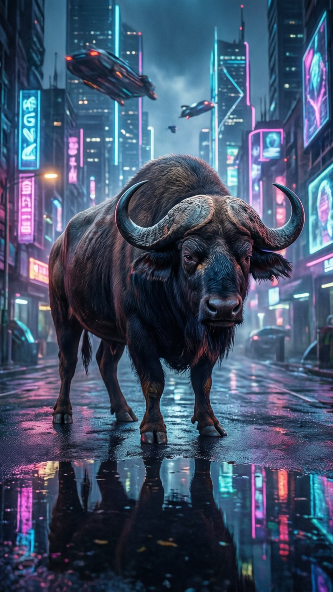 Cyberpunk Buffalo 壁紙 — 一頭巨大的水牛站在充滿霓虹燈的賽博朋克城市街道上，飛行汽車在高聳的摩天大樓之間滑行。