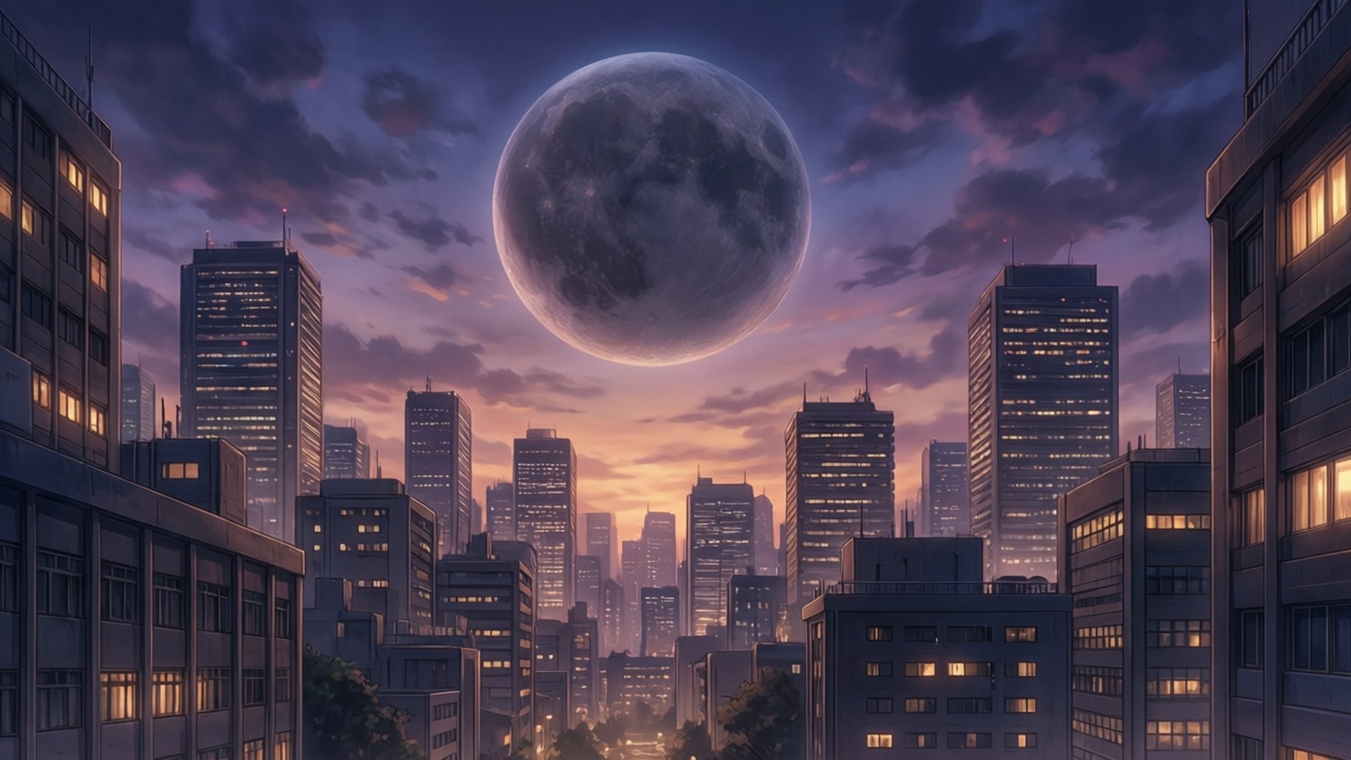 Orb: On The Movements Of The Earth 桌布 壁紙 — 一輪巨大的月亮懸掛在暮色中的城市景觀上，窗戶閃爍著光芒，雲彩呈現紫橙色。