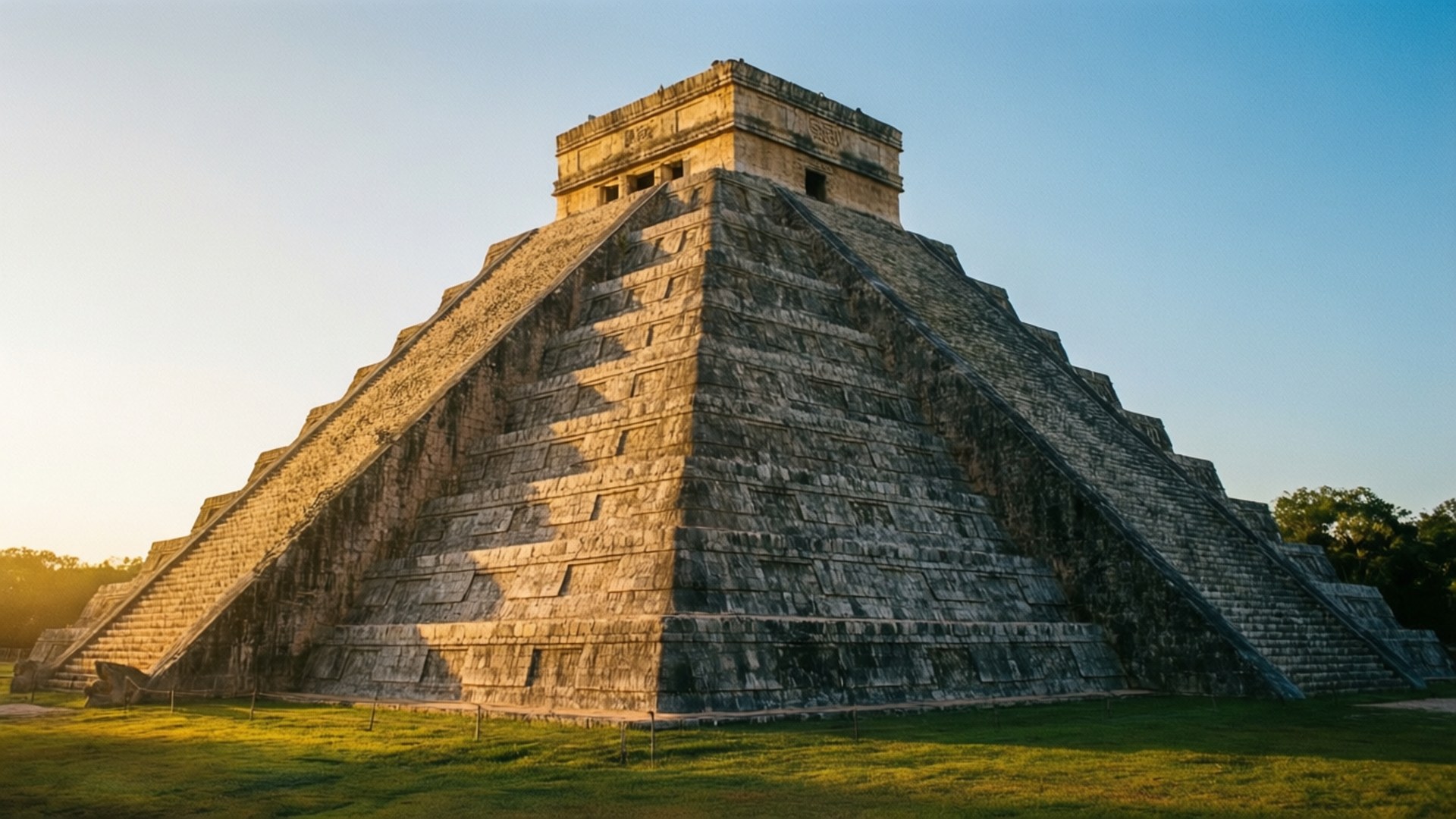 Chichen Itza Dawn 壁紙 — 一座巨大的古老階梯金字塔，石階沐浴在金色夕陽下，襯著清澈的藍天。