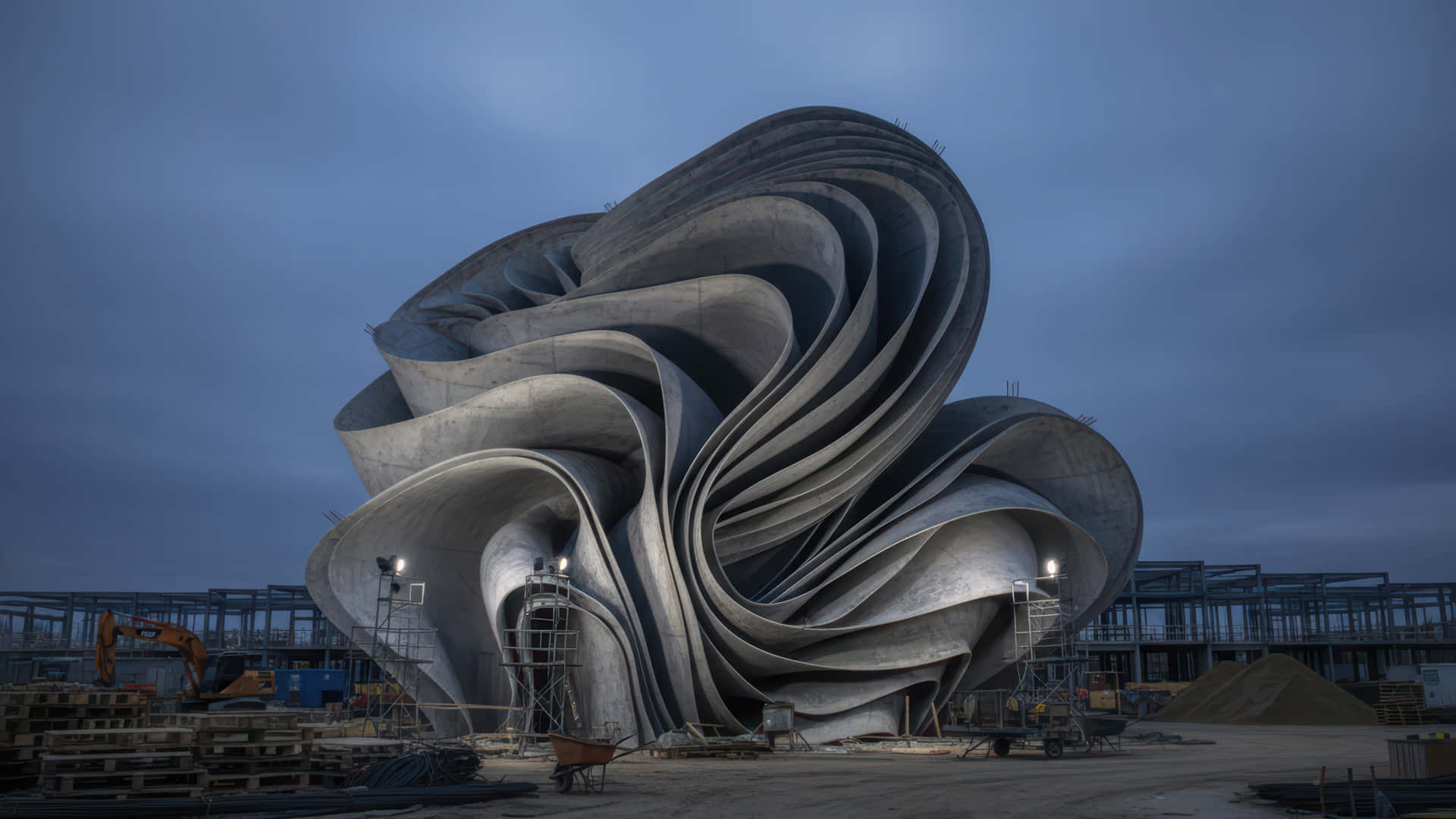 黃昏時分正在建造中的大型旋轉混凝土建築雕塑 — 3D 壁紙