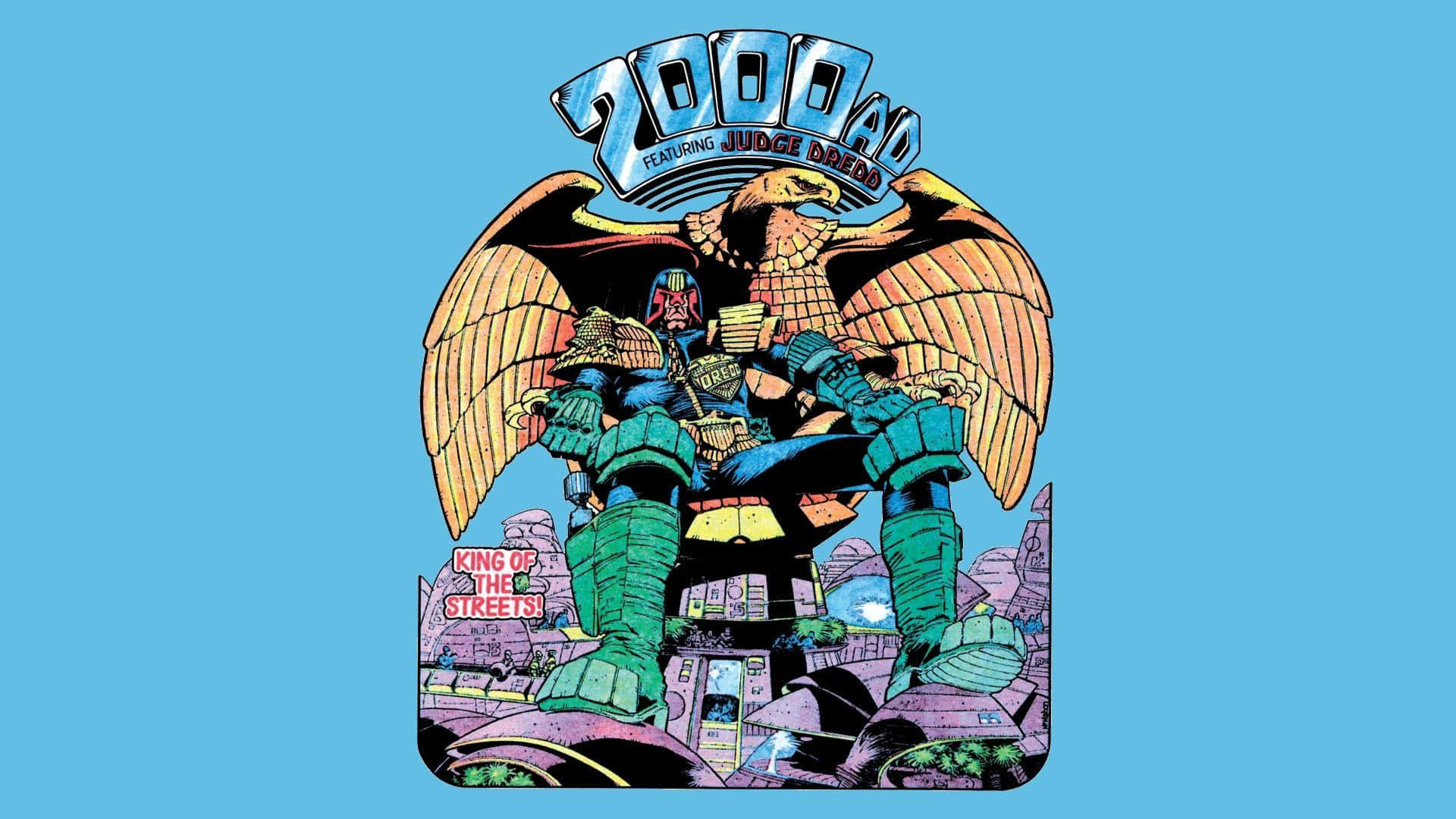 2000s 桌布 壁紙 — Judge Dredd 站在廢墟城市之上，一隻巨鷹棲息在他的肩膀上，背景是明亮的藍色。