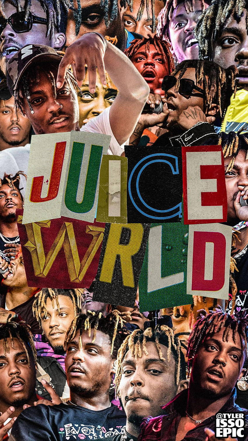 Juice WRLD 面孔的拼貼畫，帶有粗體彩色文字疊加。 — Juice Wrld 壁紙