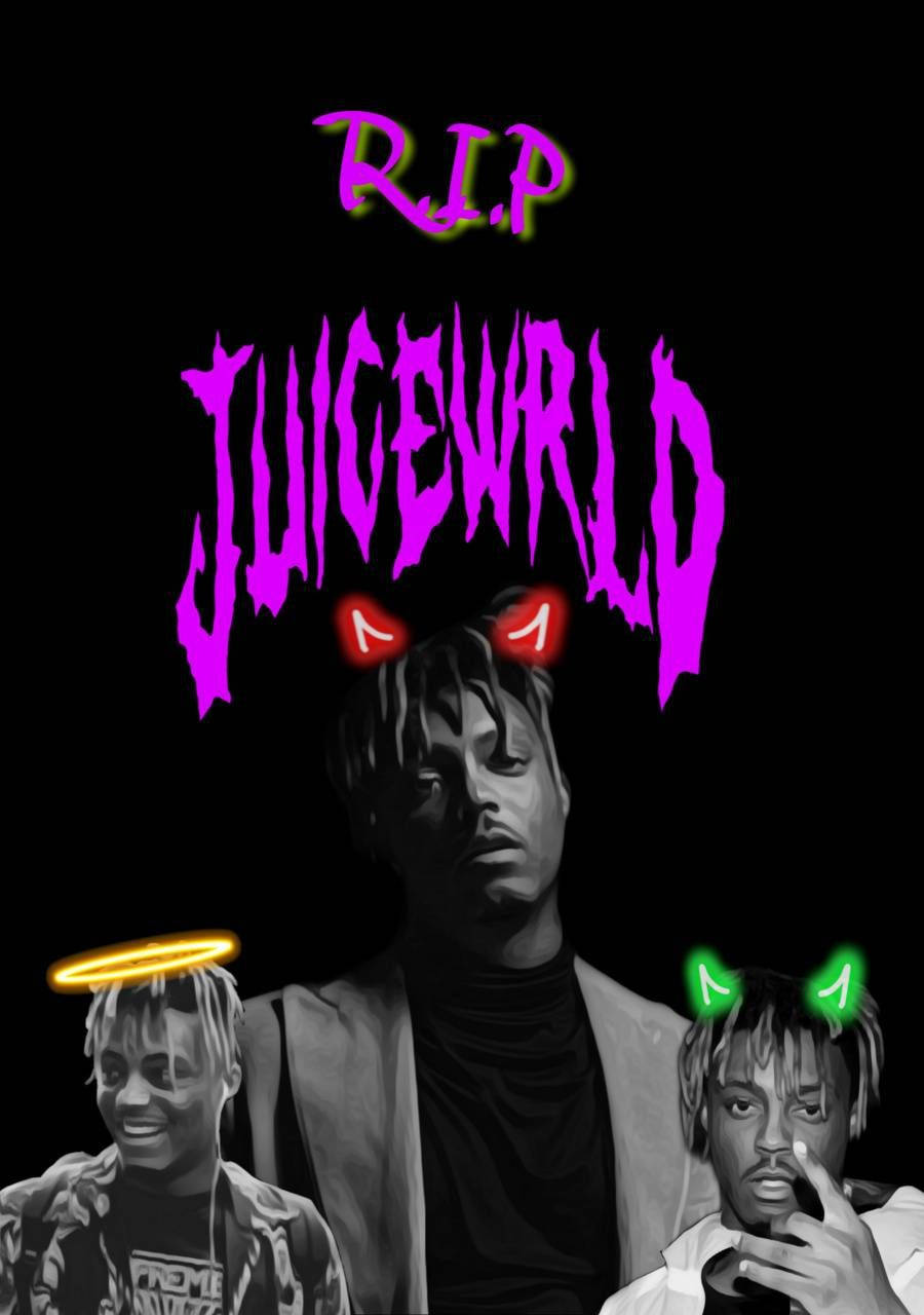 Juice WRLD 紀念，帶有天使和惡魔光環及紫色 RIP 文字。 — Juice Wrld 壁紙