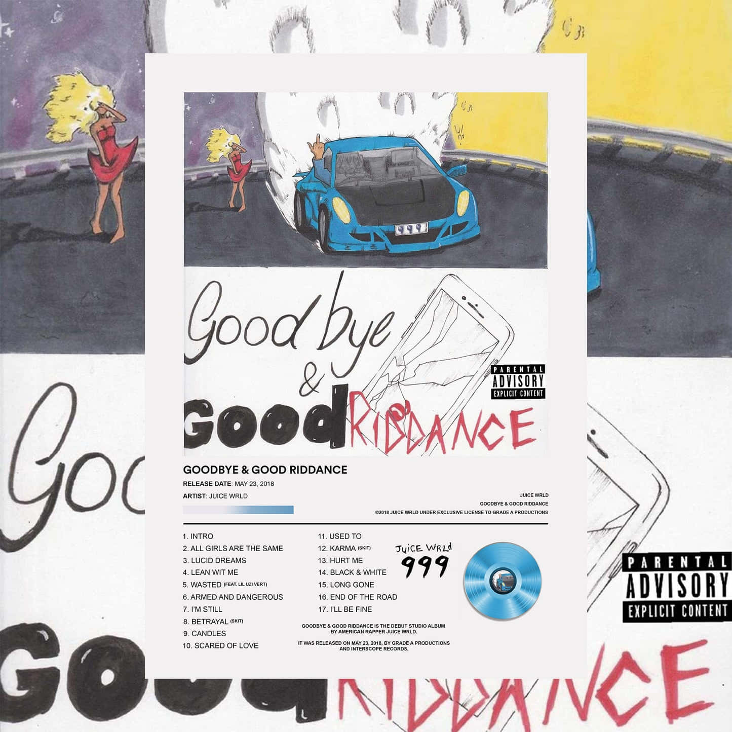Goodbye And Good Riddance 桌布 壁紙 — Juice WRLD 的《Goodbye & Good Riddance》專輯封面藝術， featuring 一輛藍色跑車和一位穿著紅色連衣裙的金髮女郎，背景為塗鴉風格。