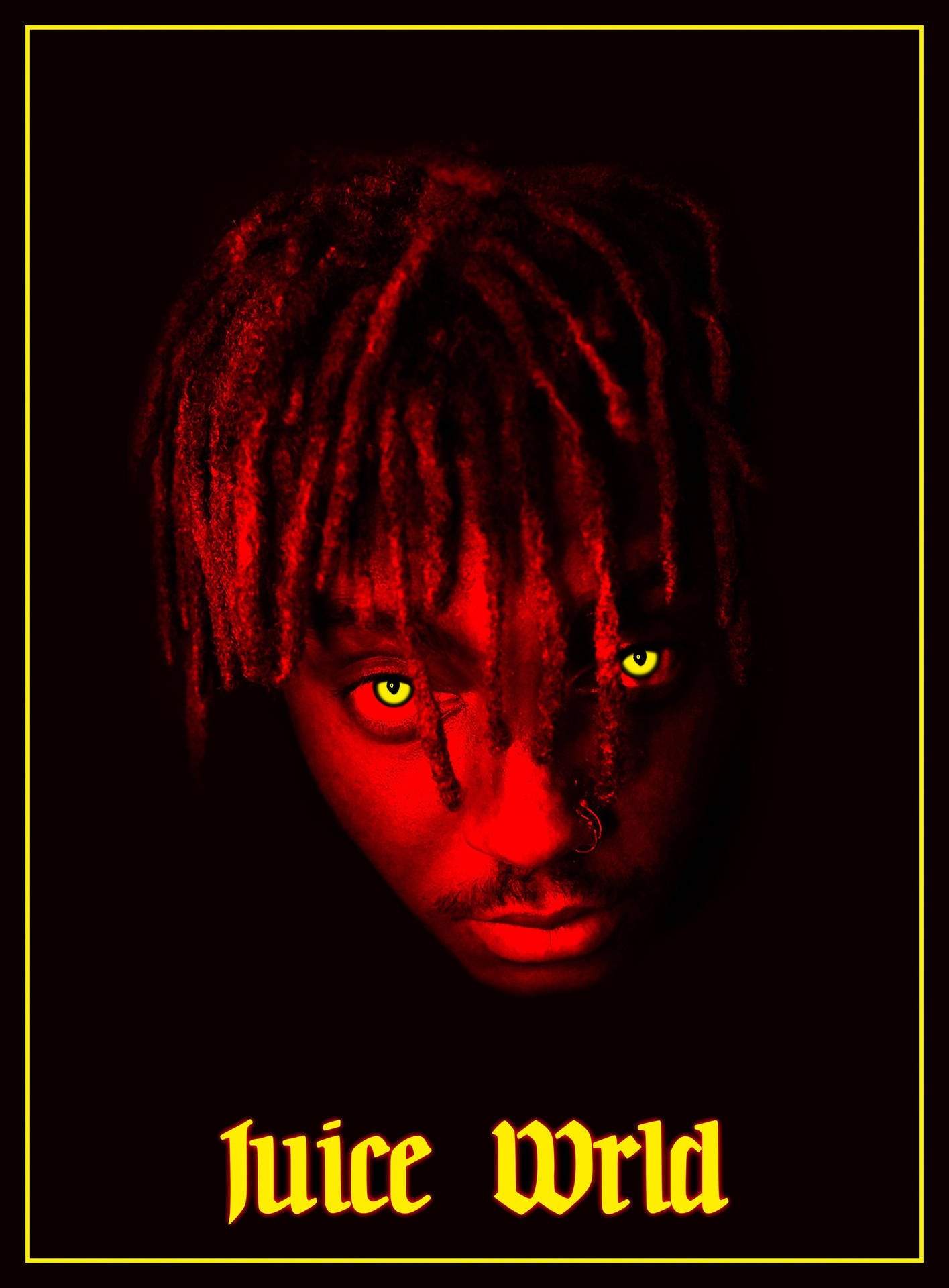 Juice WRLD 的肖像，擁有發光的綠色眼睛和紅色頭髮，黑色背景。 — Juice Wrld 壁紙
