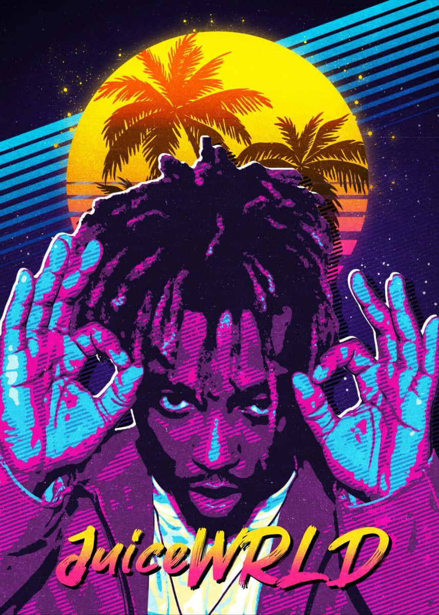 Juice WRLD 以霓虹色彩呈現，雙手框住他的臉，背景是日落和棕櫚樹。 — 說唱歌手 壁紙