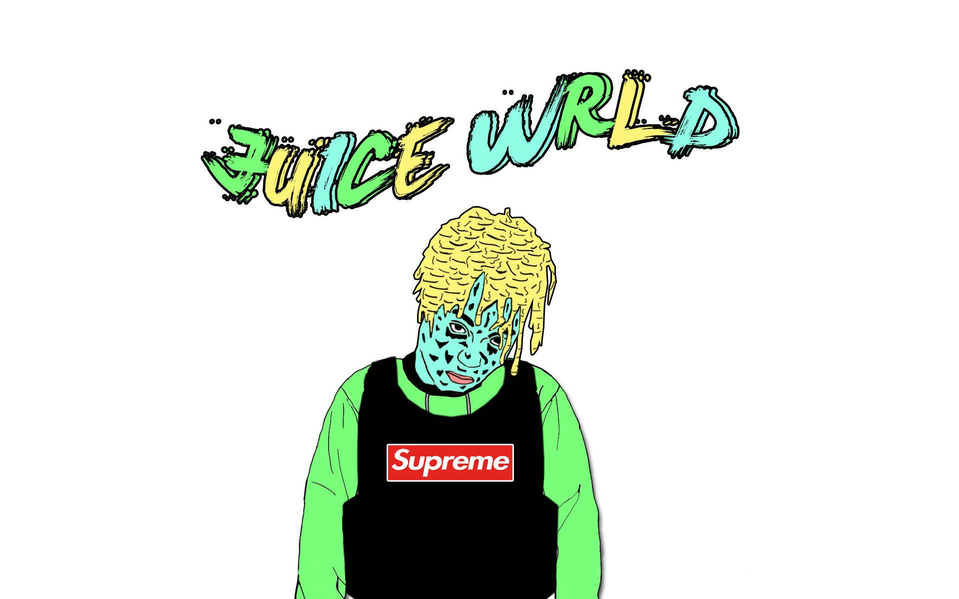 Juice WRLD 插圖，藍色臉龐和黃色頭髮，穿著 Supreme 背心。 — Juice Wrld 壁紙