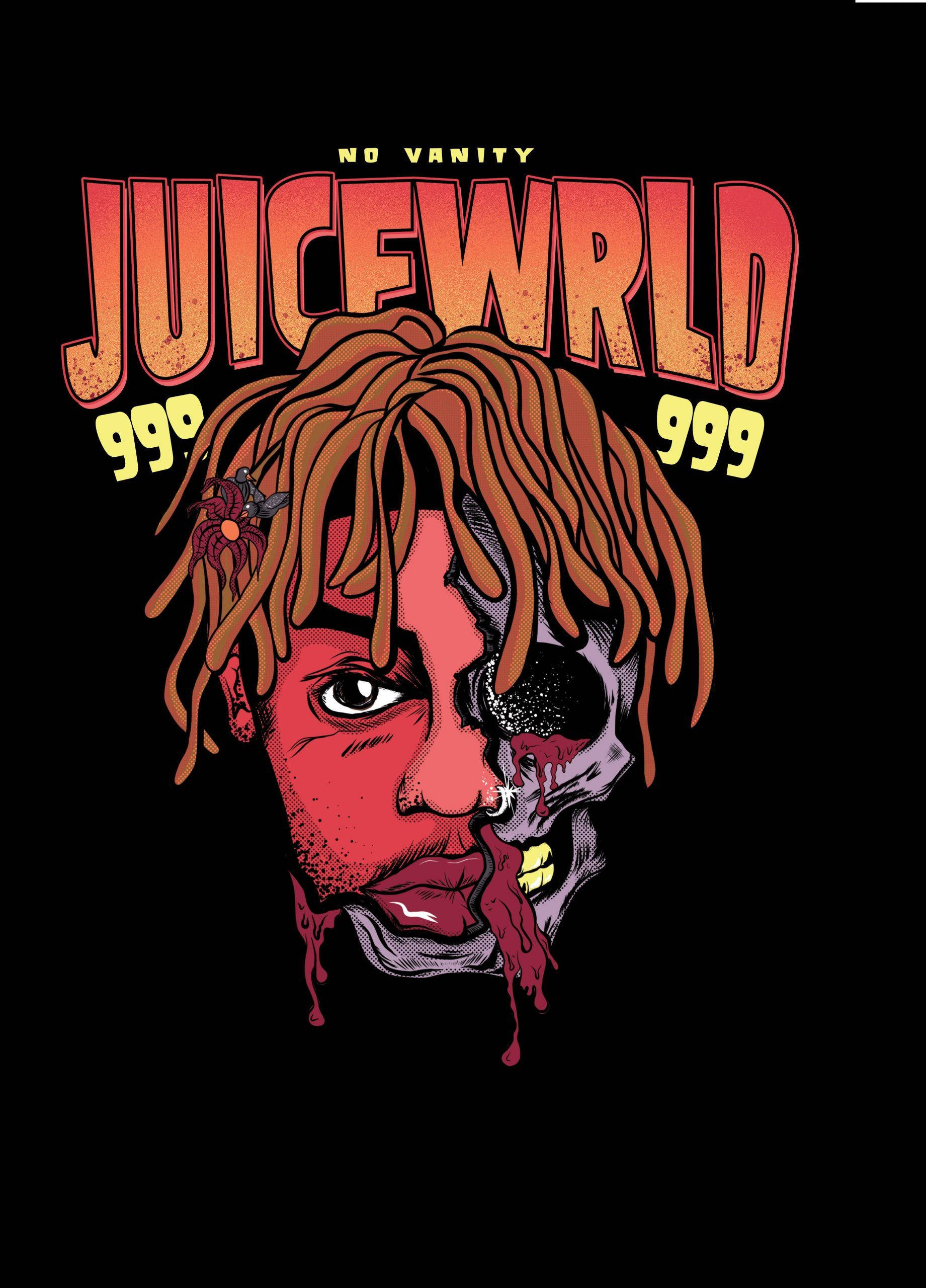 詭異的GIF 桌布 壁紙 — Juice WRLD 的臉部一半腐爛成骷髏頭，紅色液體在黑色背景上滴落的風格化插圖。