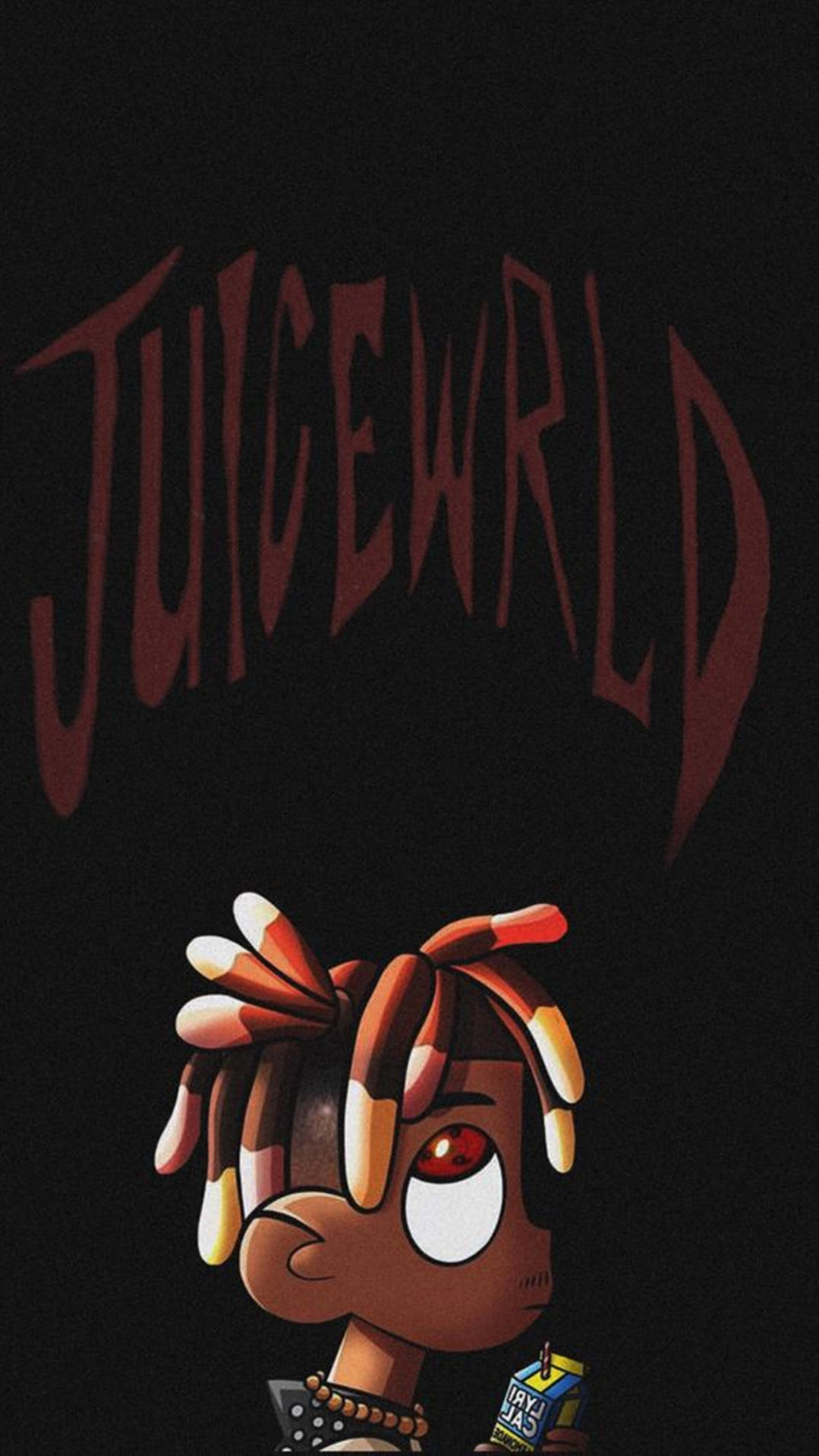 Juice WRLD 的卡通肖像，糖果玉米辮子和紅眼睛，黑色背景。 — Juice Wrld 壁紙