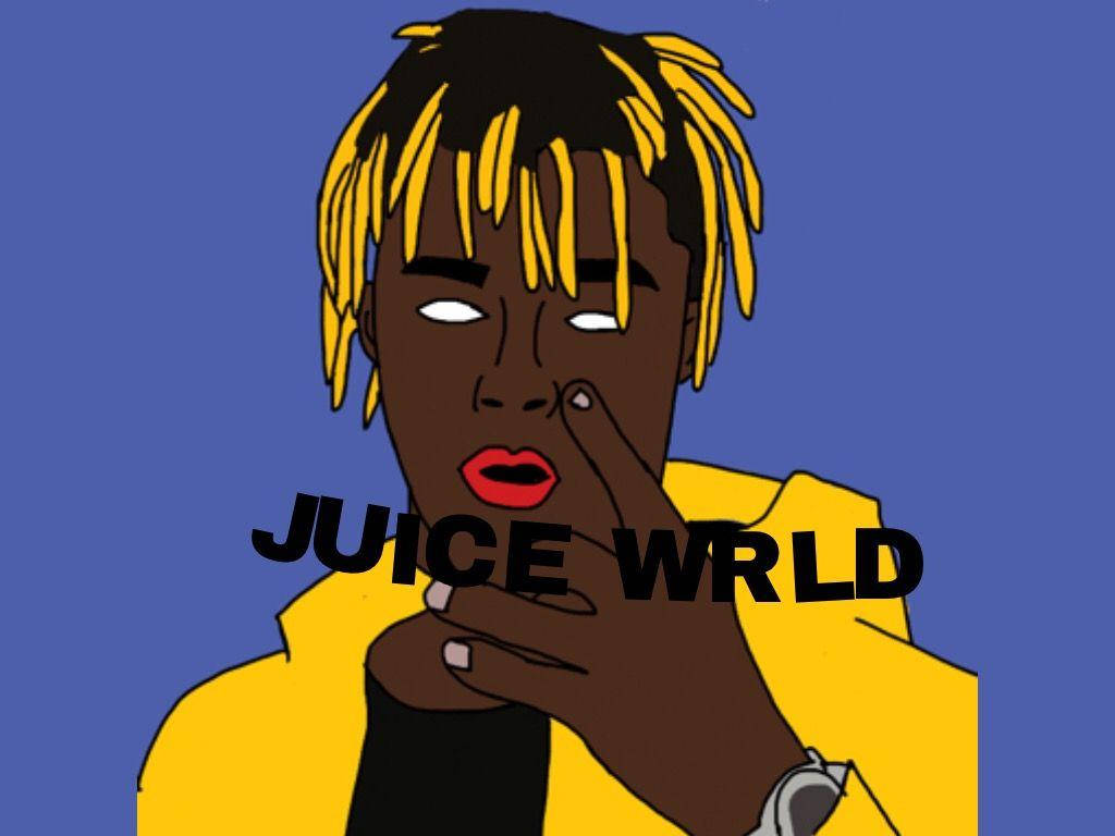 Juice Wrld Anime 桌布 壁紙 — Juice WRLD 的風格化卡通肖像，黃色辮子，紅色嘴唇，純藍色背景。