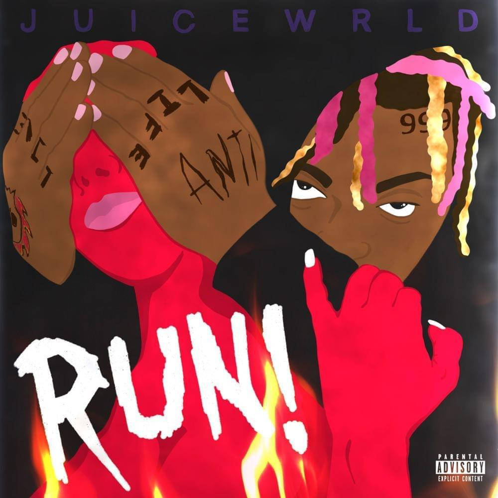 Juice WRLD 的「Run！」專輯封面藝術，特色是火焰和粗體文字。 — Juice Wrld 壁紙