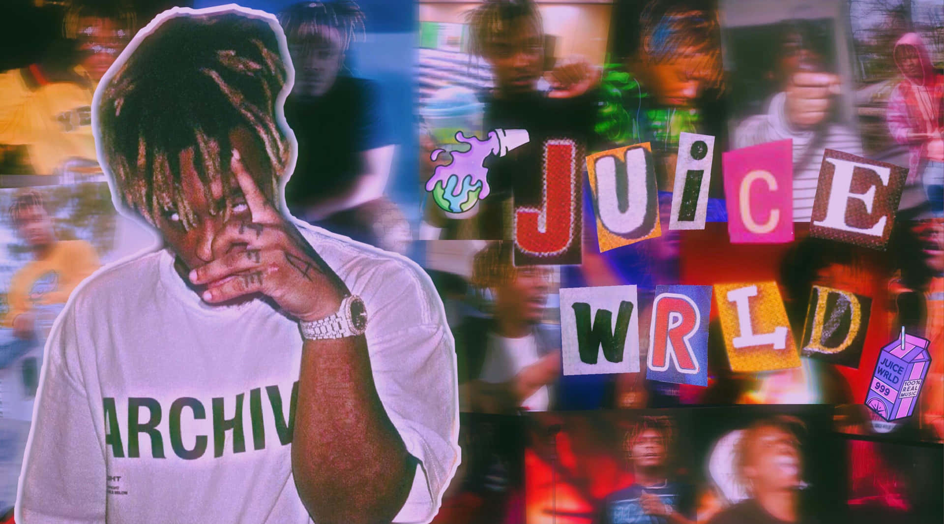 Juice WRLD 身穿白色T恤，背景為色彩繽紛的拼貼，名字以粗體字呈現。 — Juice Wrld 壁紙