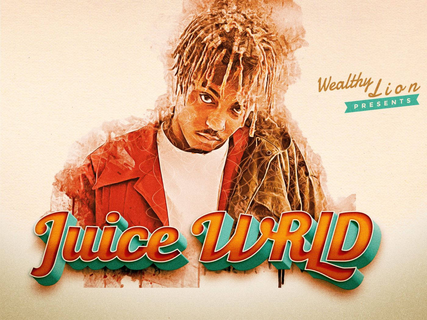 Juice WRLD 肖像，帶有粗體 3D 文字和火熱的橙色辮子，背景為米色。 — Juice Wrld 壁紙