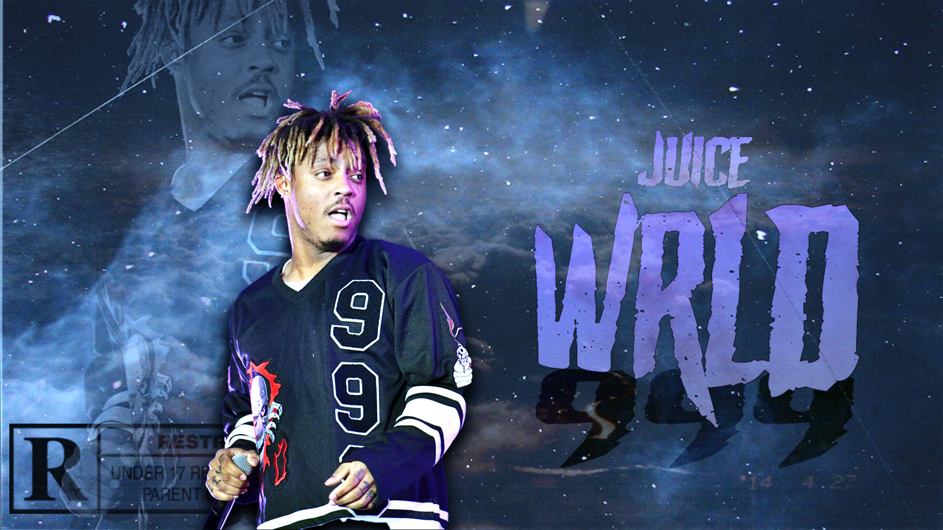 Juice WRLD 身穿黑色球衣，手持麥克風，背景是星空宇宙。 — Juice Wrld 壁紙