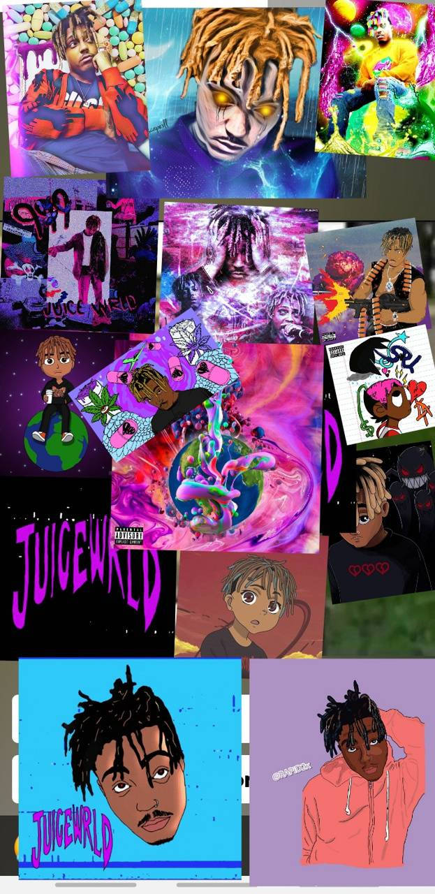 嘻哈 桌布 壁紙 — Juice WRLD 藝術作品的鮮豔拼貼畫，採用迷幻色彩和風格化肖像，以數位藝術風格呈現。