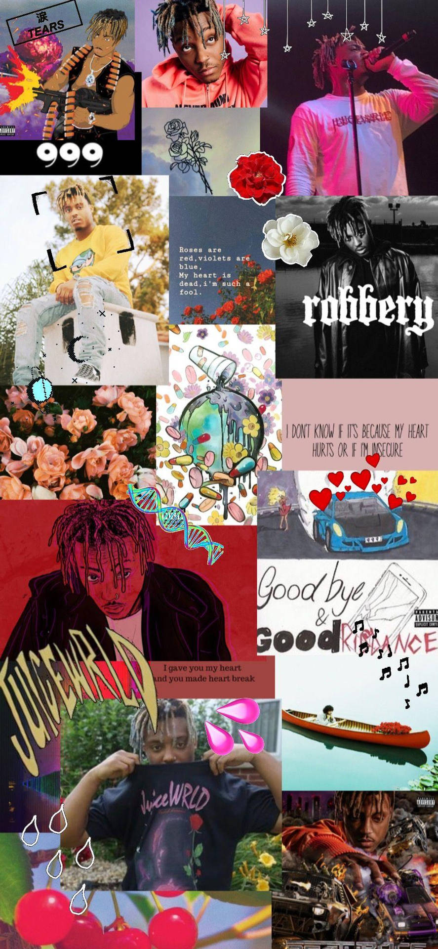 Juice WRLD 音樂視覺的拼貼畫，帶有花朵、文字和專輯藝術。 — Juice Wrld 壁紙