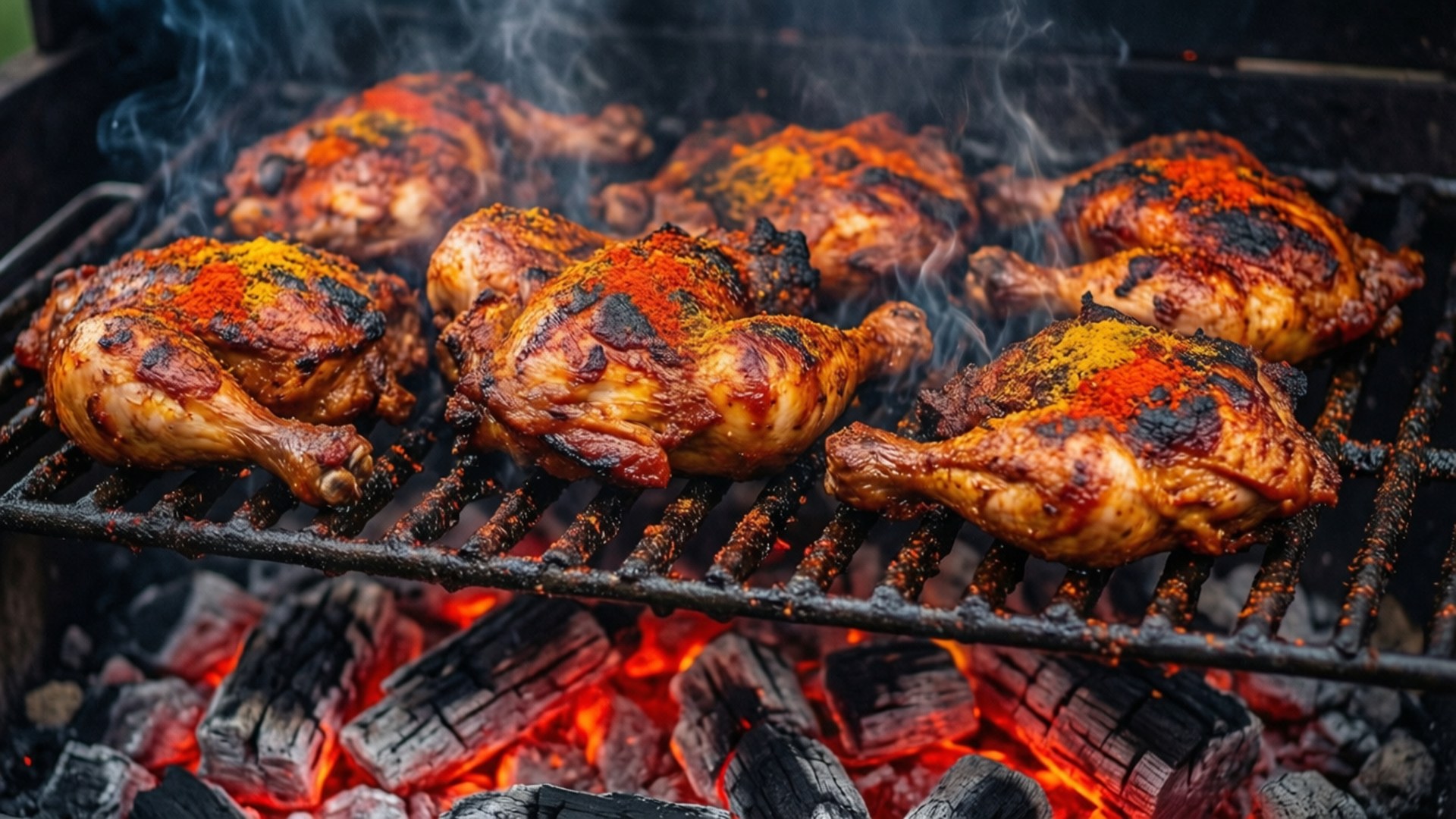 Jerk Chicken Grill 壁紙 — 多汁的雞腿用充滿活力的香料調味，在烤架上發光的木炭上嘶嘶作響，煙霧升騰。