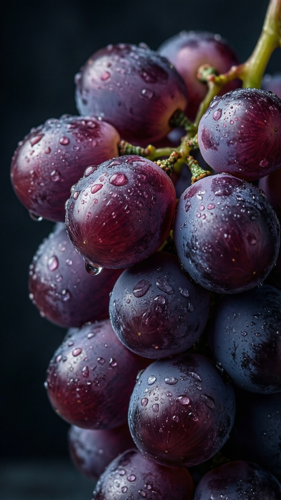 Purple Grapes Macro 壁紙 — 多汁的深紫色葡萄在黑色背景下閃爍著露珠。