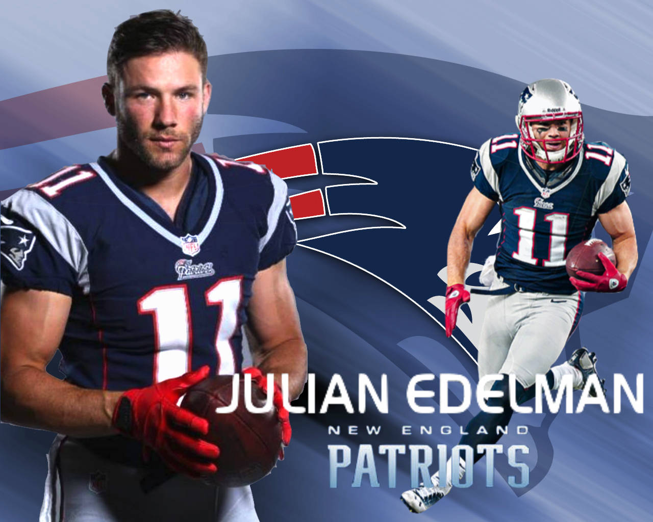 足球 桌布 壁紙 — Julian Edelman 身穿新英格蘭愛國者隊制服，以動態動作姿勢手持足球，背景為球隊標誌。