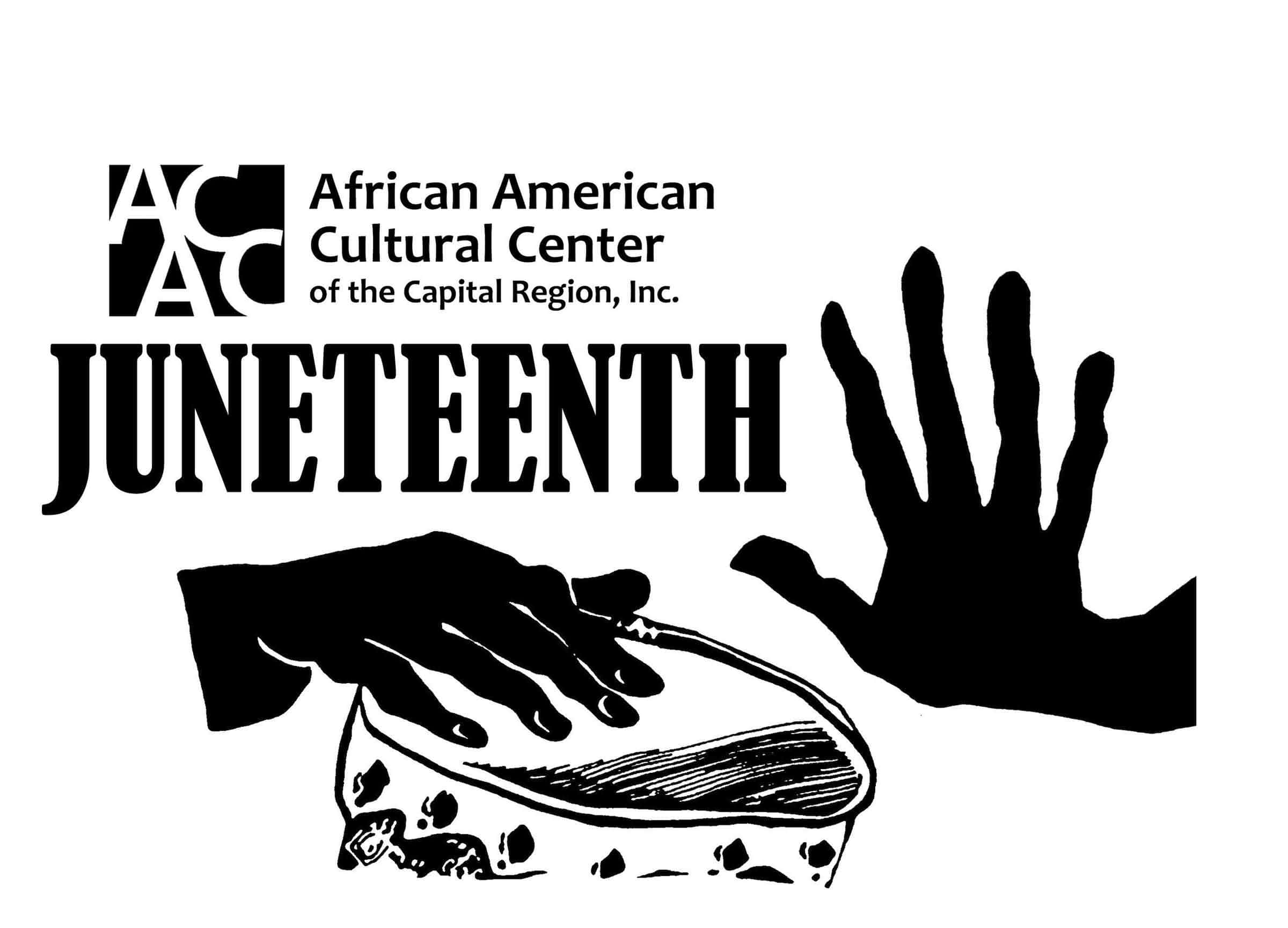 Juneteenth 桌布 壁紙 — Juneteenth 的黑白圖形標誌，兩隻手拿著鈴鼓，並帶有識別非裔美國文化中心的文字。