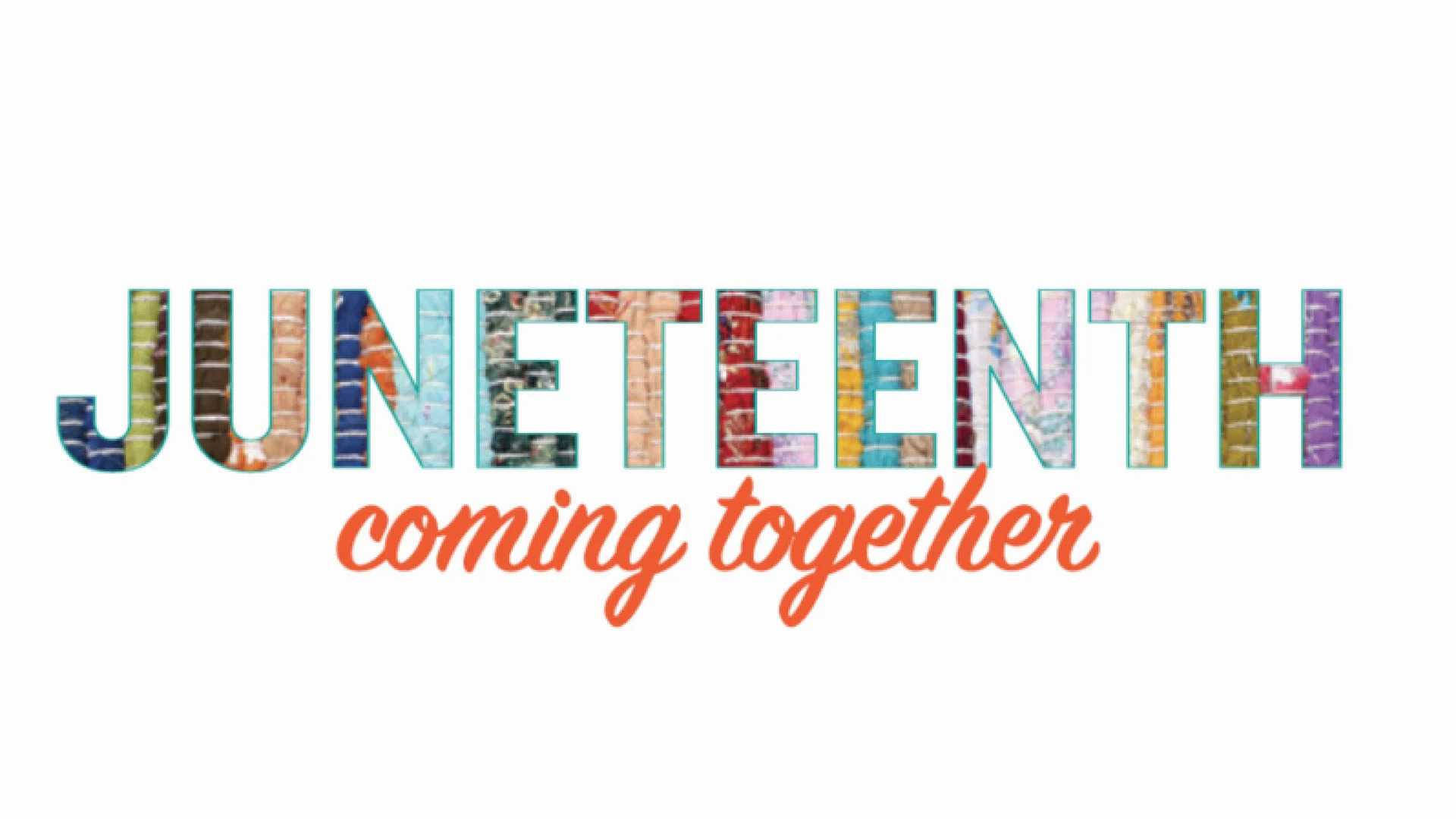 Juneteenth 桌布 壁紙 — 「Juneteenth」這個字用彩色馬賽克磚拼出，下面有橙色草書寫著「coming together」。