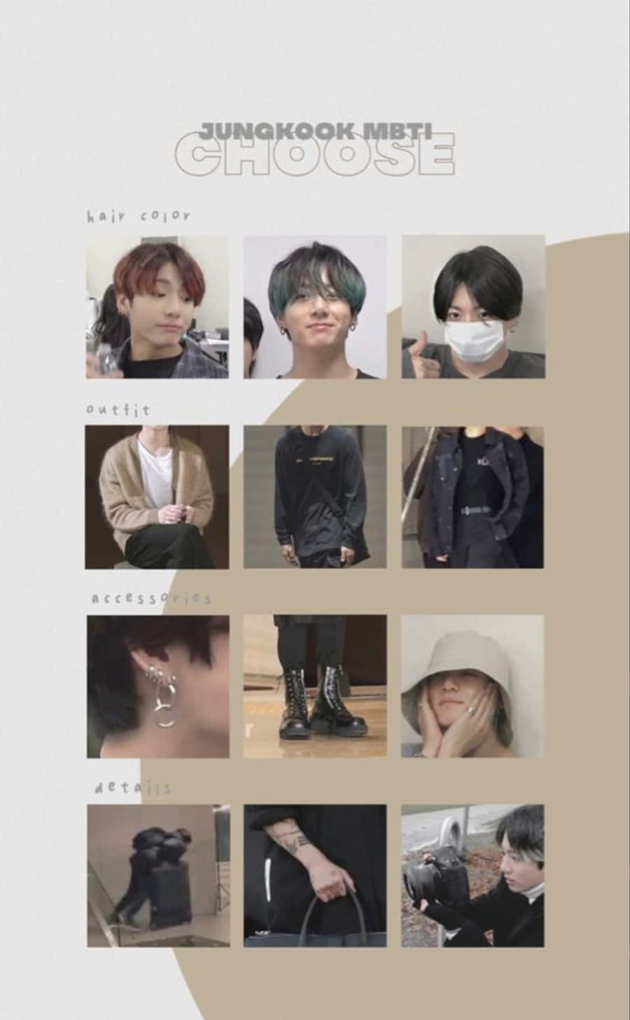 Korean Beige Aesthetic 桌布 壁紙 — Jungkook 的照片網格，展示髮色、服裝、配飾和細節，用於 MBTI 性格類型選擇。