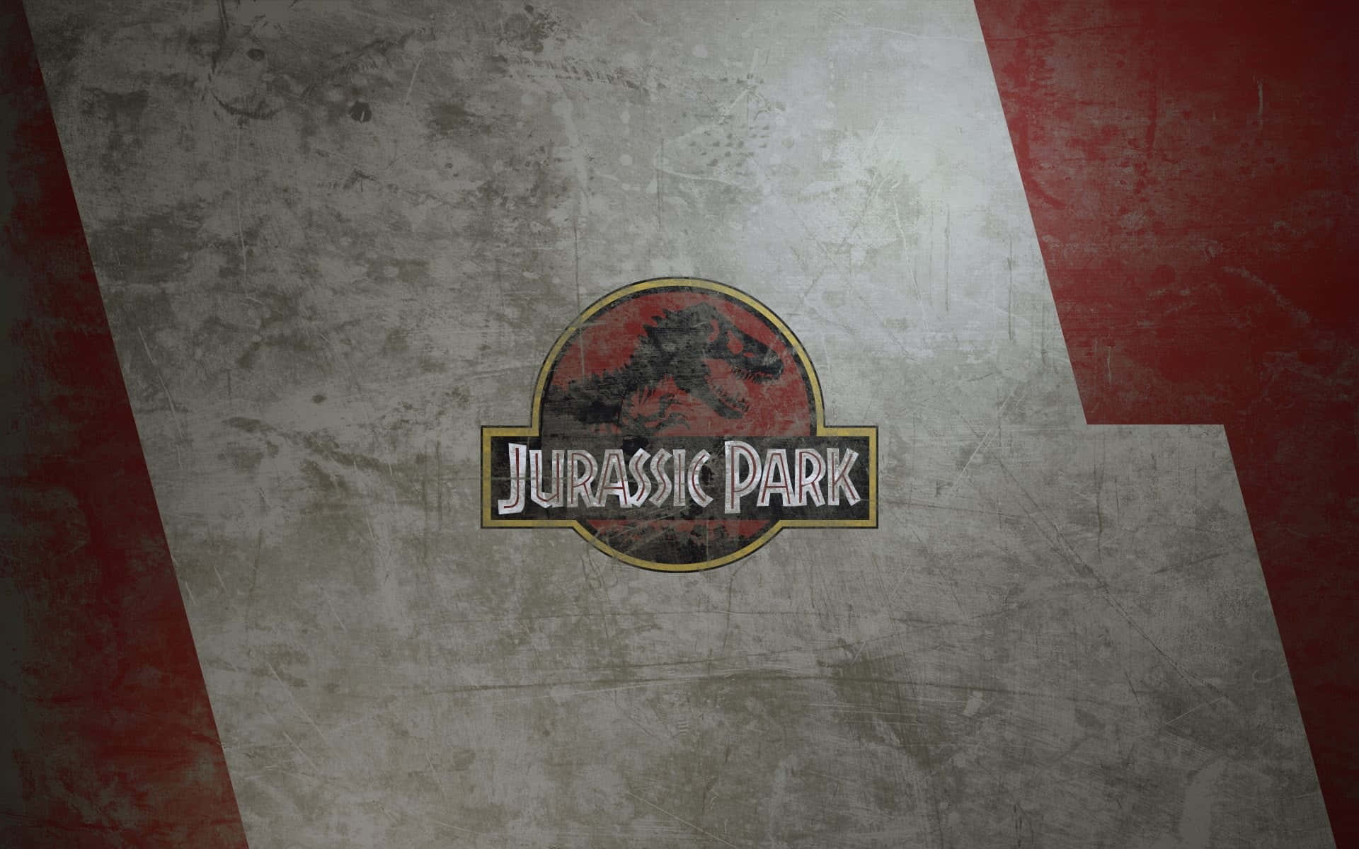 Jurassic Park Zoom 桌布 壁紙 — Jurassic Park 標誌居中於帶有紅色斜紋和粗糙質感的風化混凝土牆上。