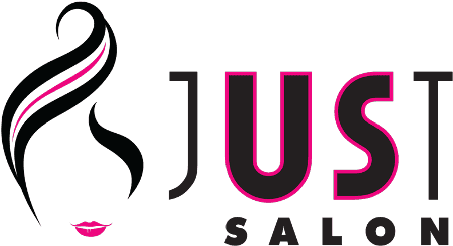 美髮沙龍 桌布 壁紙 — Just Salon 的大膽黑色和粉紅色標誌，以風格化的頭髮和嘴唇為特色，襯托深色背景。
